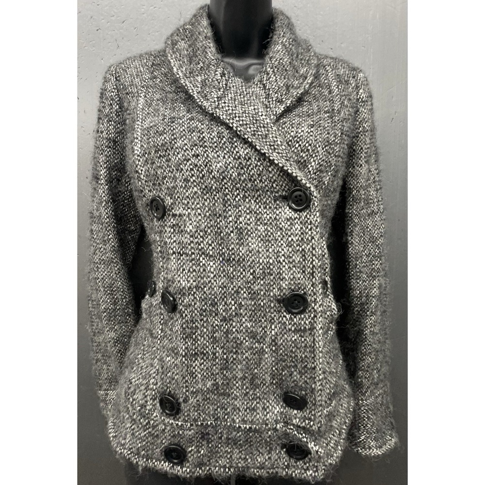 J Crew Jacket Women 2 Black White Wool Alpaca Mohair Dbl Breast Crop Preppy Chic